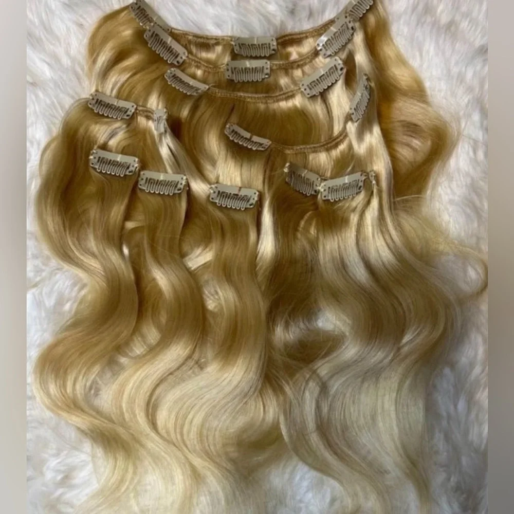 12 Inch light Blonde #613 body Wave Human hair Clip in Extensions
